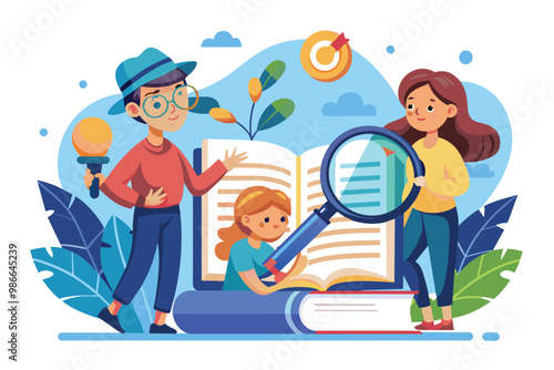 Kids use a magnifying glass and pencil to explore books in a sunny, playful study, Characters using magnifying glass and pencil to edit and correct mistakes in a book, illustrated in a flat style.
