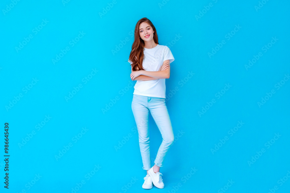 Full length body size view of attractive cheerful girl posing copy empty space isolated over bright blue color background Full length body size view of attractive cheerful girl posing copy empty space isolated over bright blue color background