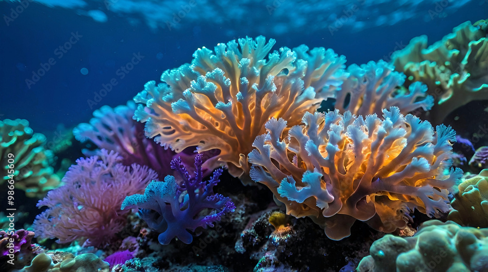 Closeup of Vibrant Bubble Coral Glowing With Soft Colors in a Deep Blue Ocean Surrounded by Richly Colored Marine Life Closeup of Vibrant Bubble Coral Glowing With Soft Colors in a Deep Blue Ocean Surrounded by Richly Colored Marine Life