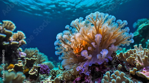  Closeup of Vibrant Bubble Coral in a Deep Blue Ocean Surrounded by Colorful Marine Life and Illuminated by Sunlight