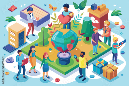 Community members are actively participating in various charitable activities while promoting sustainability, Charity Isometric Illustration
