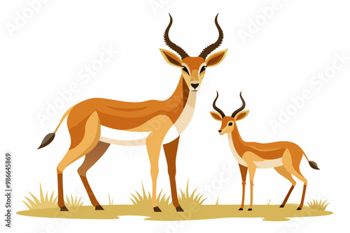 Stylized vector artwork of two Grant's gazelles vigilantly watching for predators in the savanna. Perfect for wildlife illustrations, African-themed designs, and nature-inspired projects. photo