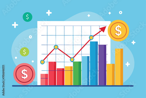 A colorful chart illustrates the current market performance of the dollar, showcasing its trends and fluctuations, Check the price of the dollar in the market, flat illustration.