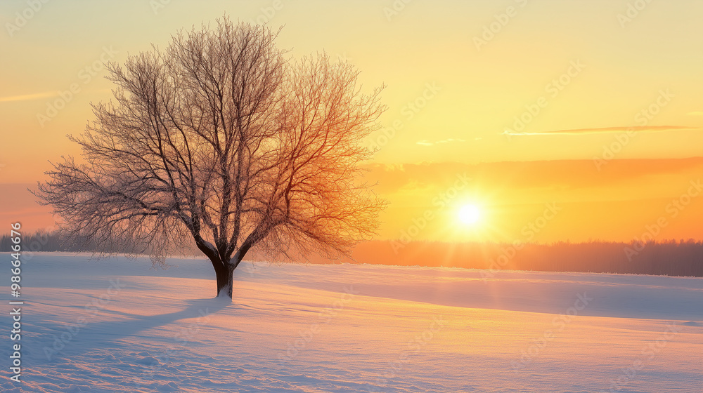 Lone tree in snowy field at sunrise with golden light Lone tree in snowy field at sunrise with golden light