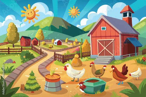 A vibrant chicken farm features hens and roosters, a red barn, trees, and a sunny blue sky, Chicken farm illustration