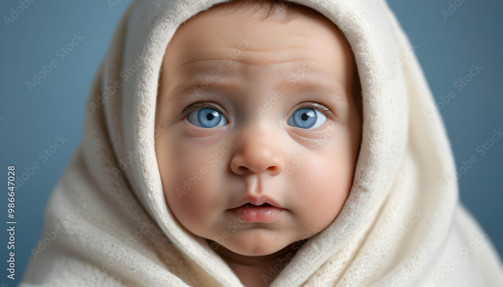 Innocent Baby Portrait with Blue Eyes Wrapped in Cream Blanket Innocent Baby Portrait with Blue Eyes Wrapped in Cream Blanket