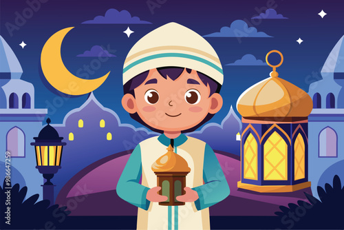 A child joyfully carries a lantern, celebrating Ramadan under a starry sky with festive lights, Child with lantern during Ramadan, flat illustration