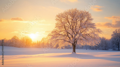 Sunset behind frosted tree in snow-covered landscape