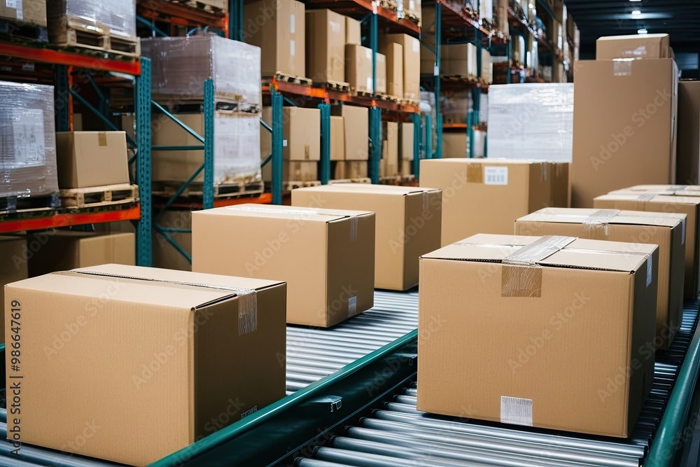Cardboard Boxes in Transit on Conveyor Belt at Shipping Warehouse During Winter Holidays Cardboard Boxes in Transit on Conveyor Belt at Shipping Warehouse During Winter Holidays
