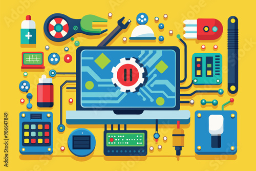 A colorful illustration showcases various tools and components used in chipset repair services, Chipset repair service, flat illustration