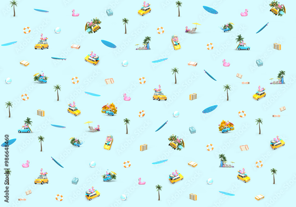 Pattern on the theme of the sea, beach, rest and travel. Pattern vintage car, suitcases, flamingo bathing circle, surfboard, ball. Blue background. Pattern on the theme of the sea, beach, rest and travel. Pattern vintage car, suitcases, flamingo bathing circle, surfboard, ball. Blue background.