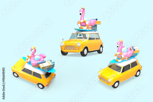 A yellow vintage car. On the roof there is a suitcase, a ball, a circle and a flamingo for swimming and  surfboard. 3d on the topic of travel, recreation, tickets, the sea. Blue background.