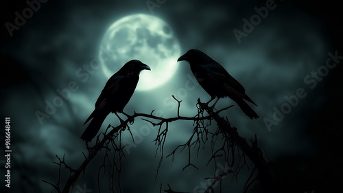 Moon Crows - Two crows perched on some branches in front of the moon
