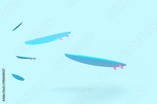 A surfboard pattern from different angles. 3d rendering on the topic of travel, recreation, sea, swimming. Blue background.