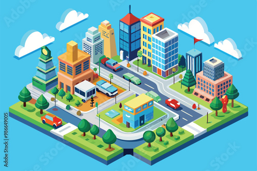 A lively urban setting showcases colorful buildings, trees, and vehicles against a clear sky, City life Isometric Illustration, customizable.