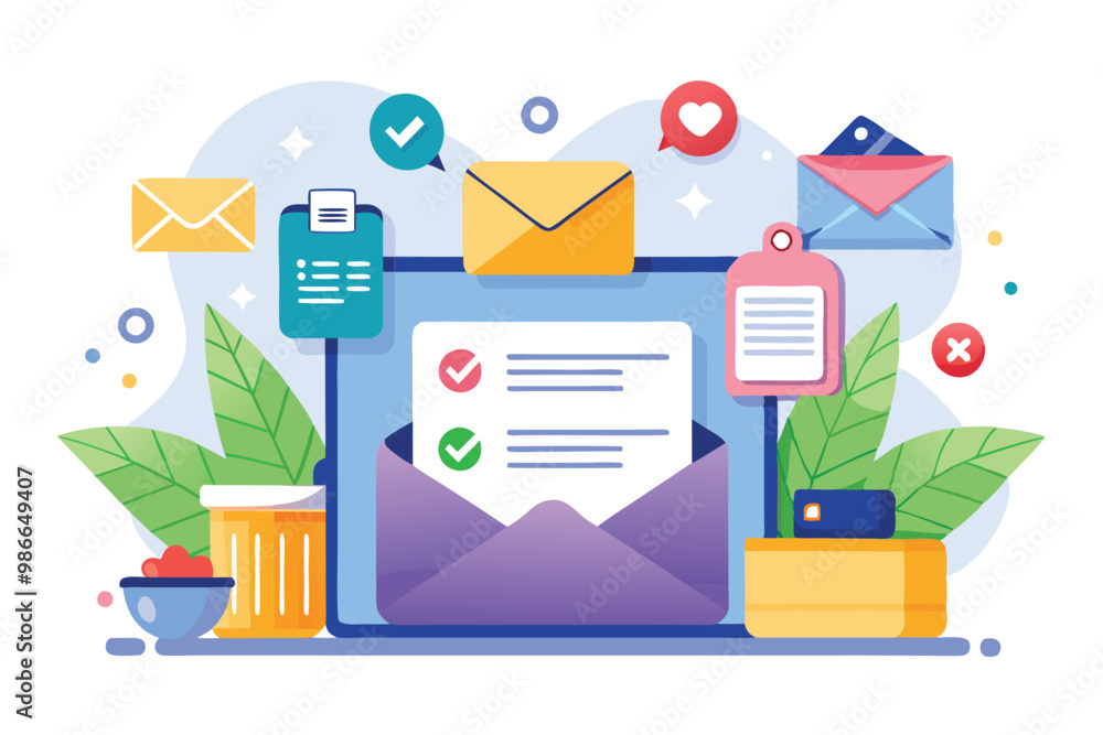 A vibrant illustration showcasing a laptop with an organized inbox, featuring various email icons, Clean up your inbox with customizable flat illustrations. A vibrant illustration showcasing a laptop with an organized inbox, featuring various email icons, Clean up your inbox with customizable flat illustrations.