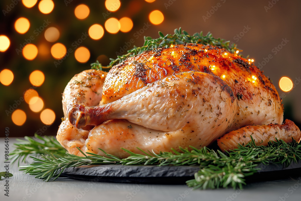 Turkey on a rustic table with seasonal decor and glowing festive lights in the background Turkey on a rustic table with seasonal decor and glowing festive lights in the background