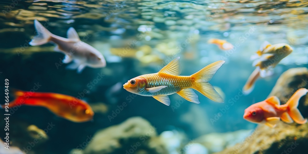 A group of fish swimming in a tank with a gold fish in the middle. The tank is filled with rocks and has a blue background A group of fish swimming in a tank with a gold fish in the middle. The tank is filled with rocks and has a blue background