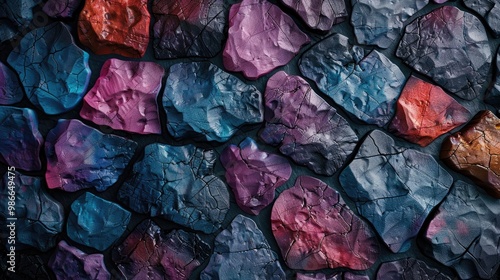 Textural patterns resembling rough stone adorned with colors