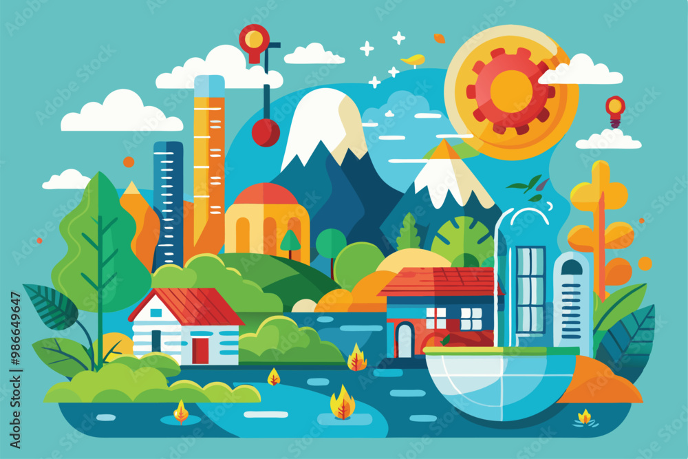 A colorful landscape illustrates the effects of climate change with urban and natural elements, highlighting challenges, Climate change illustration, customizable and flat. A colorful landscape illustrates the effects of climate change with urban and natural elements, highlighting challenges, Climate change illustration, customizable and flat.