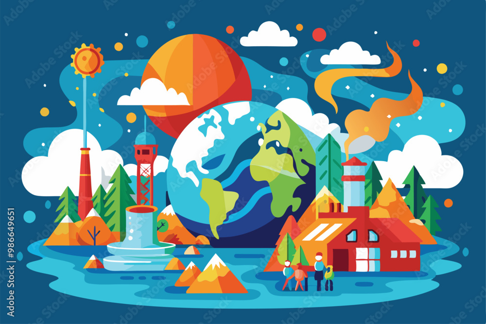 A colorful illustration showcases the effects of climate change with factories, nature, and a globe, Climate change illustration, customizable and flat. A colorful illustration showcases the effects of climate change with factories, nature, and a globe, Climate change illustration, customizable and flat.