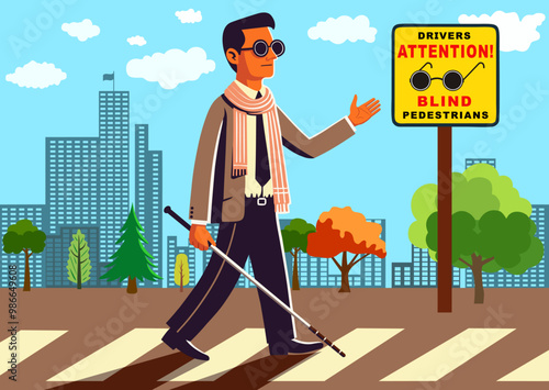An illustration reminding drivers about blind pedestrians