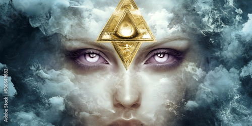 Ethereal Third Eye Brow Chakra Wall Art - mesmerising female eyes merged with rustic cloud effect and a gold double triangle placed at her third eye brow chakra ideal for a spiritual theme
 photo