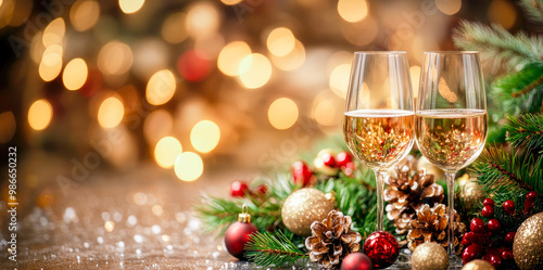 Festive table setting with Christmas decorations and a New Year’s toast, with copy space for text