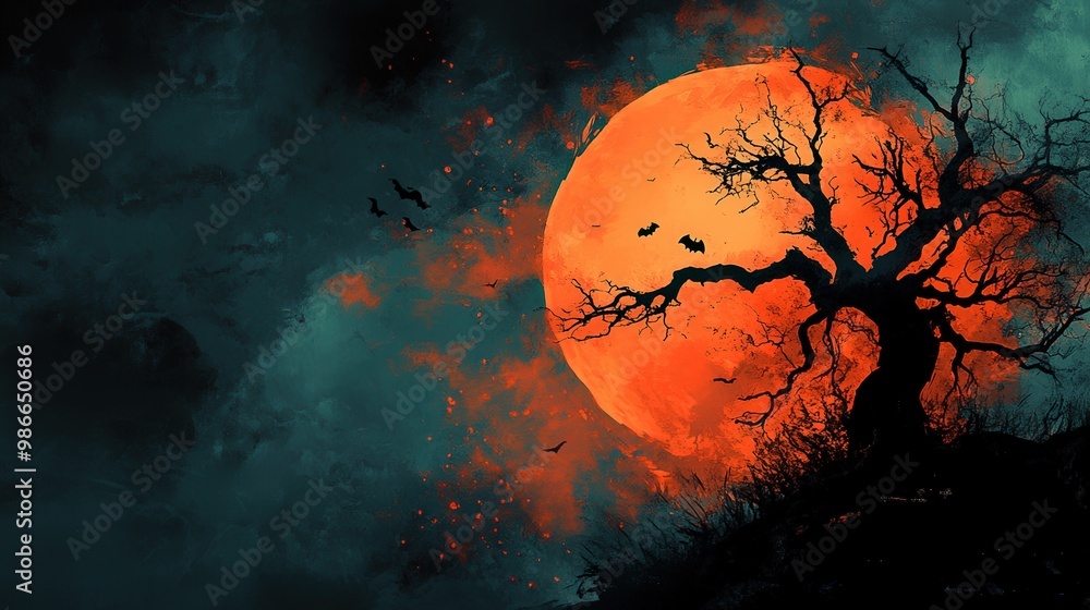 A painting of a tree with bats flying around it A painting of a tree with bats flying around it