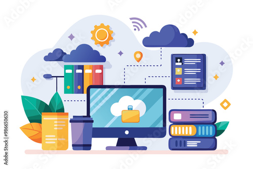 A digital workspace showcases cloud hosting features with organizational tools and file management elements, Cloud-based website hosting and file management with flat illustration.