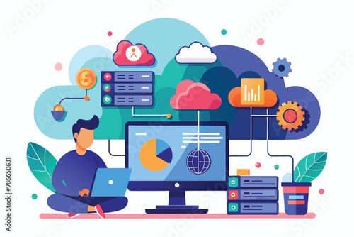 A developer uses a laptop, surrounded by cloud services and data visualizations, exploring cloud computing, Cloud computing for developers, illustrated in a modern flat style.