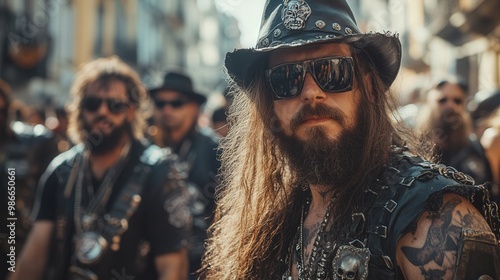 A man with a long beard and a hat stands in front of a crowd of people