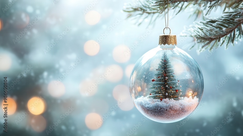 A Christmas tree ornament is hanging from a tree branch A Christmas tree ornament is hanging from a tree branch