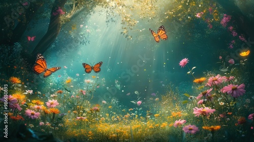 A field of flowers with butterflies flying around