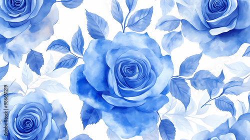 Fototapeta Naklejka Na Ścianę i Meble -  Seamless pattern of abstract blue roses and floral elements painted in watercolor. Abstract Patterns. Illustration