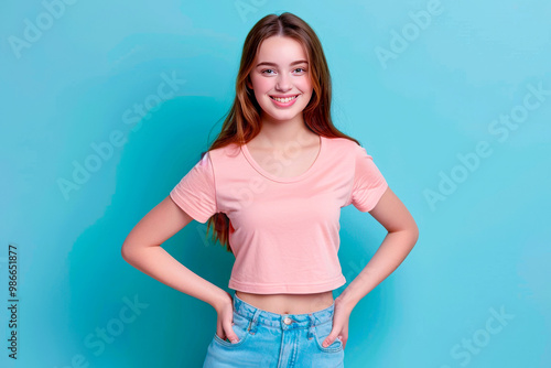 Full length body size view of attractive slender cheerful lady hands on hips posing isolated on grey pastel color background