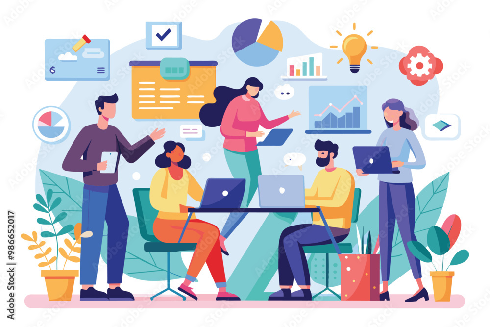 A team of professionals collaborates on a project using laptops and tablets in a lively office setting, Collaborate on work projects, flat Illustration A team of professionals collaborates on a project using laptops and tablets in a lively office setting, Collaborate on work projects, flat Illustration
