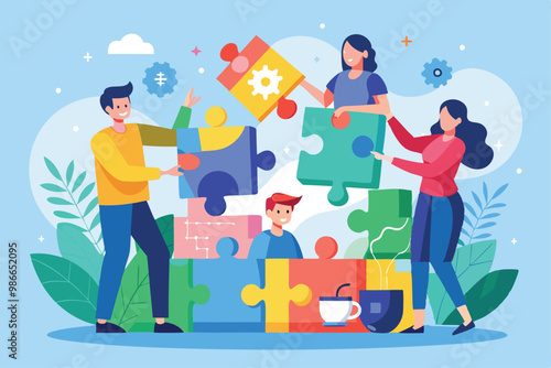 A family works together, piecing together a vibrant jigsaw puzzle in a cheerful environment, promoting teamwork, Collaborate to assemble a popular, 2D puzzle.