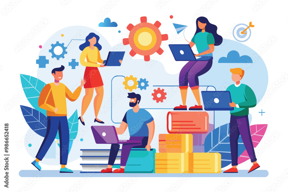 A group of diverse individuals collaborates in a bright, modern environment, sharing ideas and technology, Collaboration and teamwork illustrated in a flat design. A group of diverse individuals collaborates in a bright, modern environment, sharing ideas and technology, Collaboration and teamwork illustrated in a flat design.