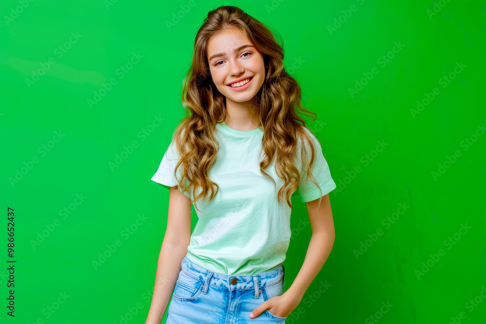 Full length body size view of her she nice attractive lovely cheerful cheery content wavy-haired girl holding hands in pockets isolated over bright vivid shine vibrant green color background Full length body size view of her she nice attractive lovely cheerful cheery content wavy-haired girl holding hands in pockets isolated over bright vivid shine vibrant green color background