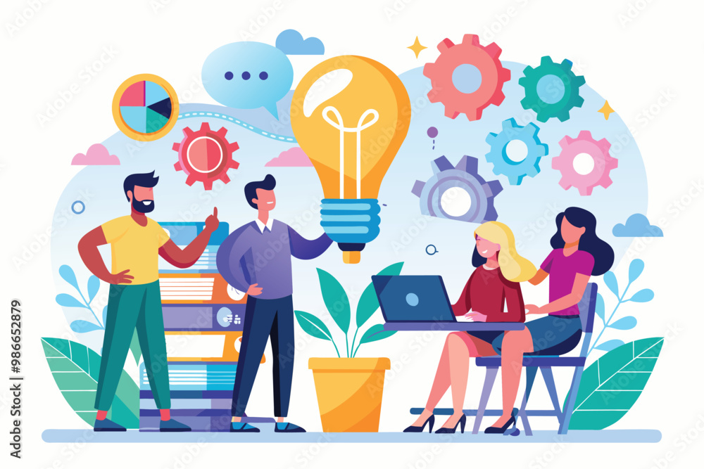 A team engages in a brainstorming session focused on business ideas, using a laptop and visuals, Collaborative brainstorming for business with flat illustrations. A team engages in a brainstorming session focused on business ideas, using a laptop and visuals, Collaborative brainstorming for business with flat illustrations.