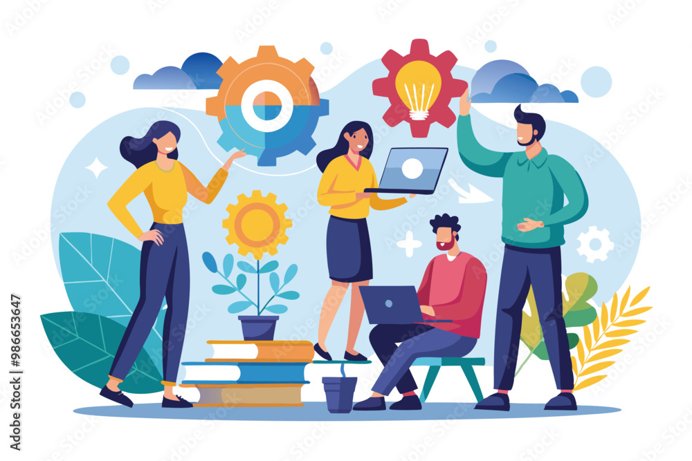 A group of diverse individuals collaborates in an office, sharing ideas and using technology to innovate, Collaborative teamwork at work, simple illustration A group of diverse individuals collaborates in an office, sharing ideas and using technology to innovate, Collaborative teamwork at work, simple illustration