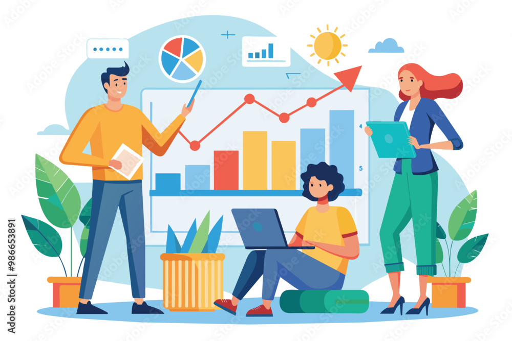 Three coworkers engage in discussion while reviewing business growth metrics in an office setting, Colleagues study company growth charts, which are flat. Three coworkers engage in discussion while reviewing business growth metrics in an office setting, Colleagues study company growth charts, which are flat.
