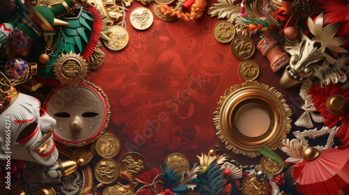 Carnival Masks with Gold Coins on Red Background