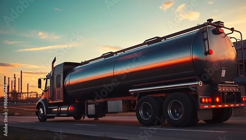 big metal fuel tanker truck in motion shipping fuel to oil refinery against sunset sky wallpaper created with generative ai 