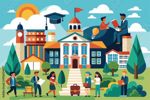 This vibrant illustration depicts various college admission activities and preparations in a lively academic setting, College admission Customizable Disproportionate Illustration simplified.