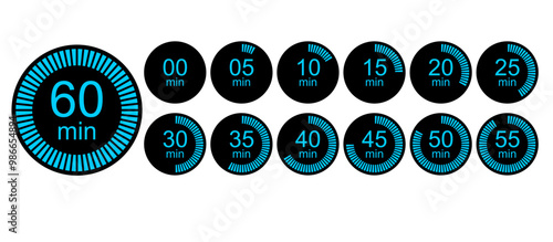 timer or stop watch countdown clock icon set for race, science experiment, deadline, countdown, cooking, running, exercise etc use. vector countdown indicator design element in minutes.