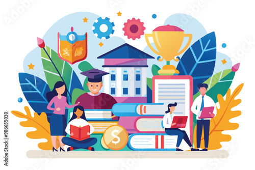 Students engage in a college project study for their entrance exam amid educational symbols and resources, College project, study for college entrance exam, university concept, flat illustration.
