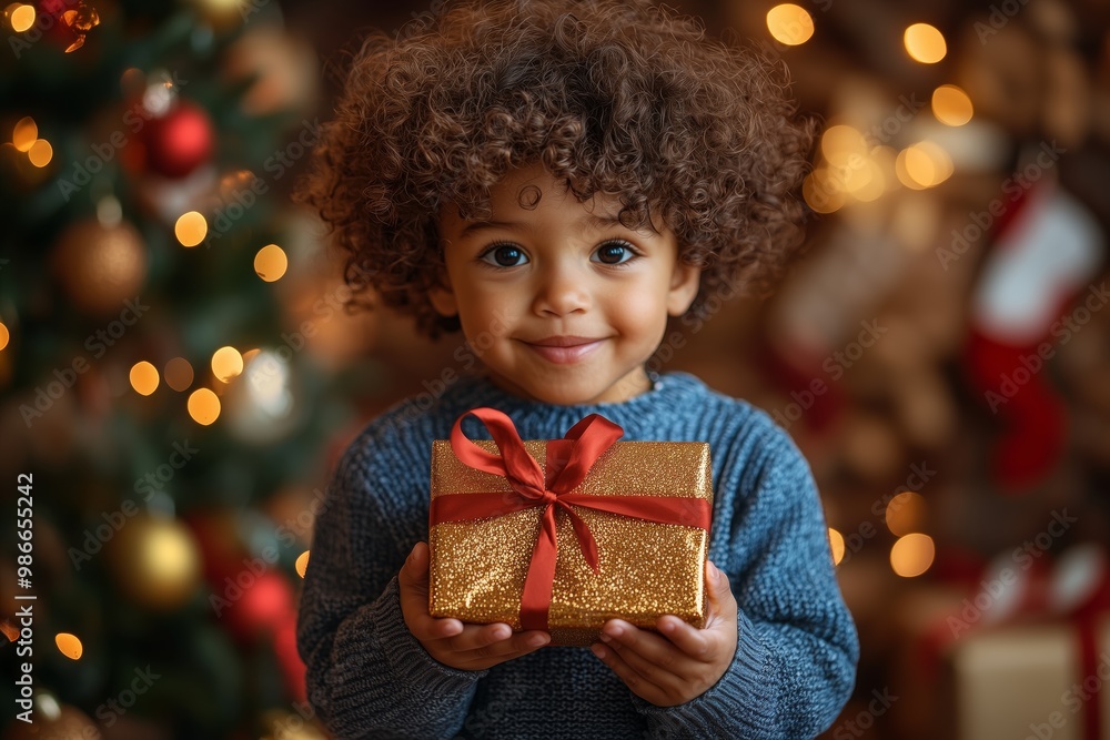 little boy is dressed in a blue sweater with curly hair, holding holding a big Christmas present with a red ribbon with christmas tree and bokeh lights in the background little boy is dressed in a blue sweater with curly hair, holding holding a big Christmas present with a red ribbon with christmas tree and bokeh lights in the background