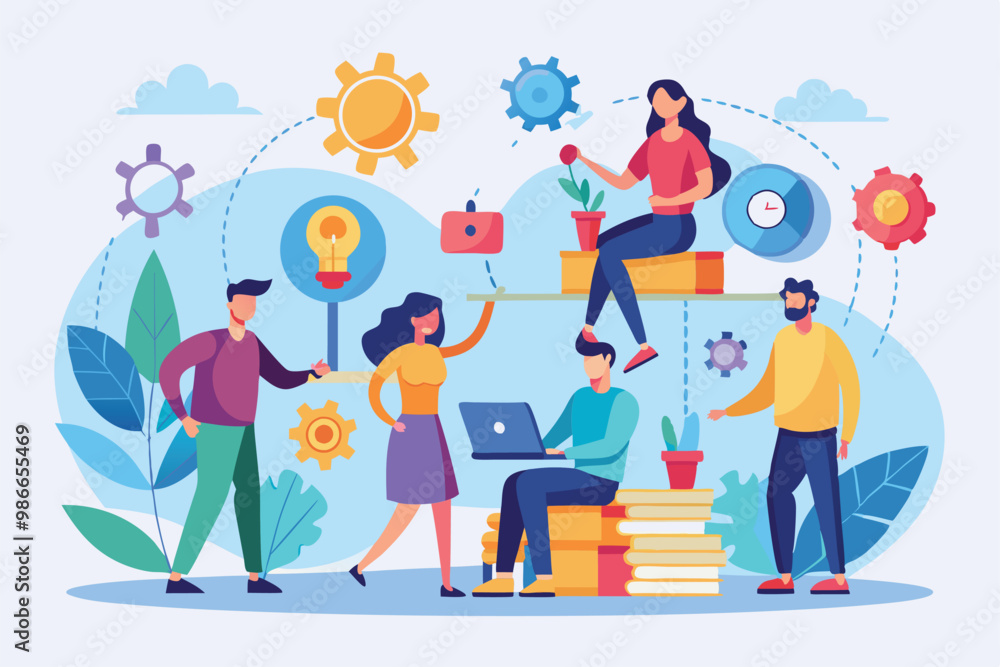 A diverse group works together, exchanging ideas, using technology, and fostering creativity through teamwork, Companies are increasingly collaborating, as shown by a flat illustration. A diverse group works together, exchanging ideas, using technology, and fostering creativity through teamwork, Companies are increasingly collaborating, as shown by a flat illustration.